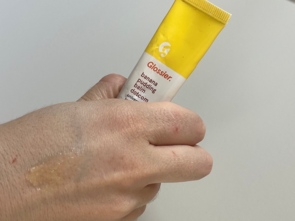 Glossier Balm Dotcom Banana Pudding swatch Space NK Glossier Balm Dotcom Banana Pudding swatch Space NK